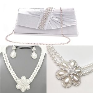 ELEGANT WHITE RHINESTY NECKLACE EARRINGS PURSE SET